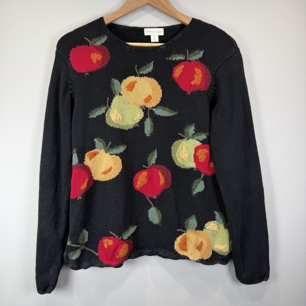 Northern Isles Womens M Apple Themed Wool Hand Knit Pullover Sweater Vintage